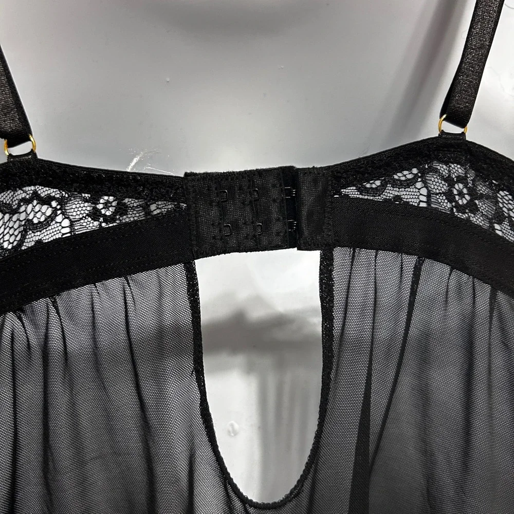 Black Sheer Mesh Babydoll Lingerie M Underwire Lace Fishnet Trim Chemise Nightie